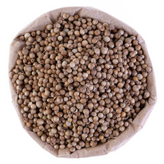 coriander in a paper bag on a white background