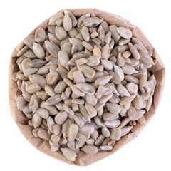 sunflower seeds in a paper bag on a white background