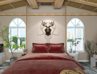 3D rendering, elegant and spacious bedroom design of modern apartment, overcoat cabinet beside the big bed, with dressing table and green plants