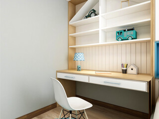 3D rendering, elegant and spacious bedroom design of modern apartment, overcoat cabinet beside the big bed, with dressing table and green plants