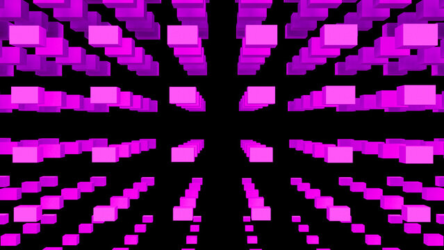 Purple abstraction with lots of flying rectangular cubes. Interesting abstract background with purple cubes on a black background. 3D rendering. 3D illustration. 3D image.