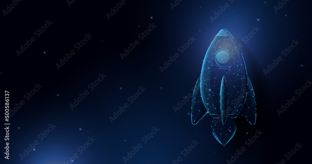 Poster rocket launch. business startup concept form lines, triangles and particle style design. illustratio