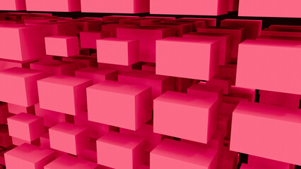 Red abstraction with a large number of rectangular cubes. Abstract background with red cubes close-up. 3D image. 3D illustration. 3D rendering.
