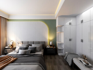 3D rendering, elegant and spacious bedroom design of modern apartment, overcoat cabinet beside the big bed