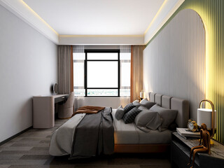 3D rendering, elegant and spacious bedroom design of modern apartment, overcoat cabinet beside the big bed
