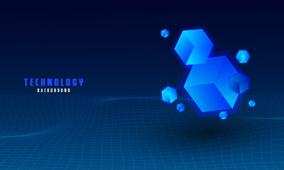 Vector realistic 3d cubes with blue glowing on dark blue wave background.