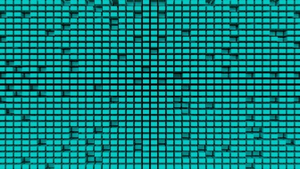 Turquoise wall of many cubes. Textured background with turquoise cubes. 3D illustration. 3D rendering. 3D image.
