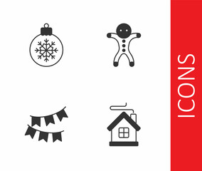 Set Merry Christmas house, ball, Carnival garland with flags and Holiday gingerbread man cookie icon. Vector