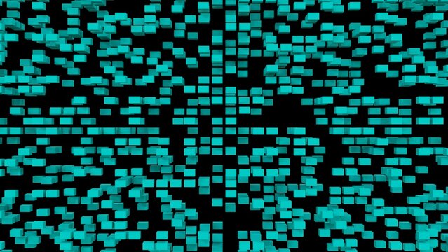 Turquoise wall of flying cubes on a black background. Textured background with turquoise elements. 3D illustration. 3D rendering. 3D image.
