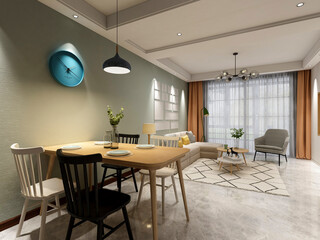 3D rendering, spacious dining room design next to the modern kitchen, with a beautiful dining table and greenery