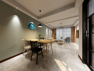 3D rendering, spacious dining room design next to the modern kitchen, with a beautiful dining table and greenery
