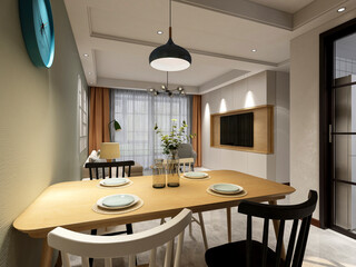 3D rendering, spacious dining room design next to the modern kitchen, with a beautiful dining table and greenery