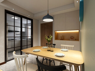 3D rendering, spacious dining room design next to the modern kitchen, with a beautiful dining table and greenery