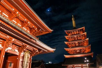 東京都 夜の浅草寺 五重塔と宝蔵門