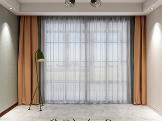 3D rendering, simple modern living room single chair with coffee table, and green plants as decorations.