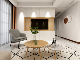 3D rendering, spacious living room design of modern residence, with sofa, tea table, decorative painting, etc