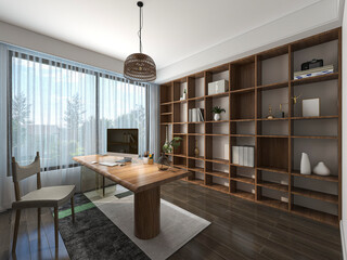 3D rendering. There are wardrobes, cupboards, mirrors and green plants in the study of the family house.