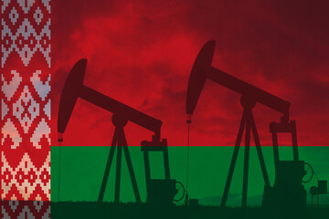 Belarus oil industry concept, industrial illustration. Belarus flag and oil wells, stock market, exchange economy and trade, oil production