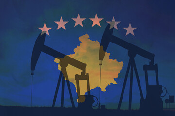 Kosovo oil industry concept, industrial illustration. Kosovo flag and oil wells, stock market, exchange economy and trade, oil production