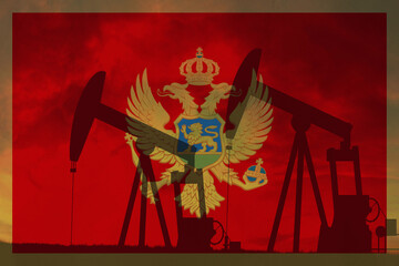 Montenegro oil industry concept, industrial illustration. Montenegro flag and oil wells, stock market, exchange economy and trade, oil production