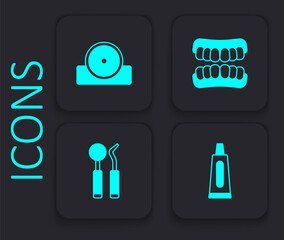 Set Tube of toothpaste, Otolaryngological head reflector, Dentures model and Dental mirror and probe icon. Black square button. Vector