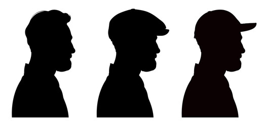 Three profile silhouettes of handsome bearded man wearing flat cap and peaked cap.