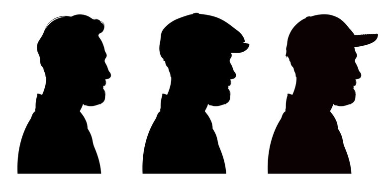 Three profile silhouettes of handsome bearded man wearing flat cap and peaked cap.  