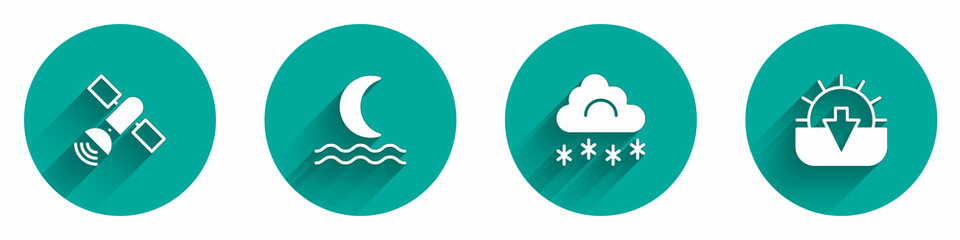Set Satellite, Night fog or smoke, Cloud with snow and Sunset icon with long shadow. Vector