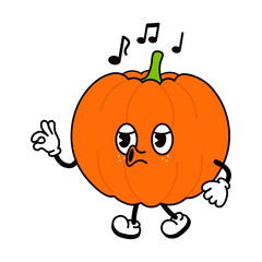 Cute funny pumpkin walking singing character. Vector hand drawn traditional cartoon vintage, retro, kawaii character illustration icon. Isolated on white background. Pumpkin walk and sing character