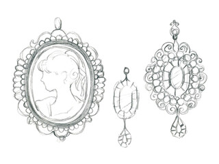Hand-drawn graphite pencil sketch of vintage cameo and earrings with diamonds. Freehand pencil drawing isolated on white