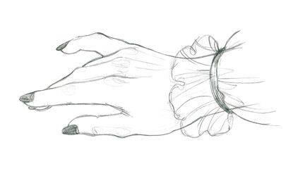 Hand-drawn graphite pencil sketch of vintage elegant girl hand. Freehand pencil drawing isolated on white background.