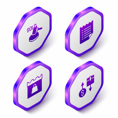Set Isometric Auction hammer, Wish list template, Shopping day and Tax cardboard box icon. Purple hexagon button. Vector