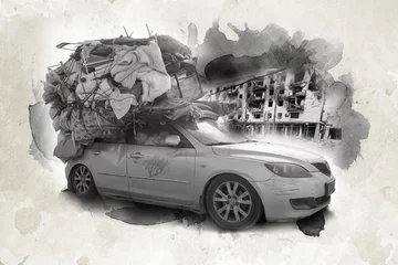 Fotobehang image of a destroyed city in Ukraine against the background of a car © reznik_val