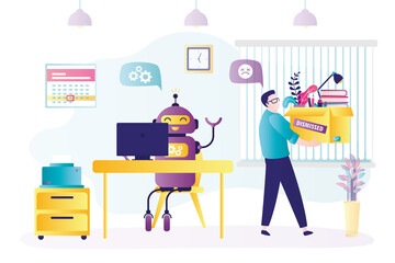 Worker in office was replaced by artificial intelligence. Unemployed man leaves with a box of things