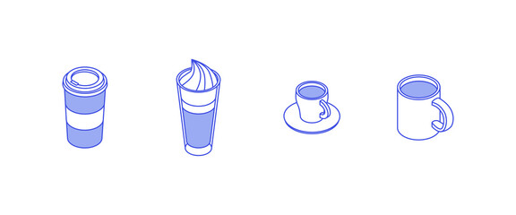 Drinks set. Isometric vector illustration in flat design. Outline, linear style, line art. Beverage, glass, coffee, cup.