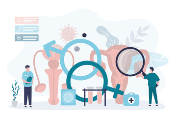 Doctor with magnifying glass examines genitals for presence of venereal diseases