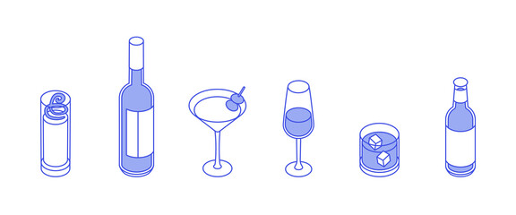 Drinks set. Isometric vector illustration in flat design. Outline, linear style, line art. Beverage, glass, juice, water, cup.