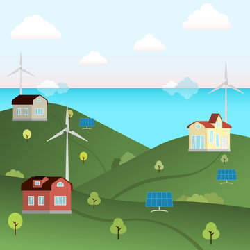 A small town in an ecologically clean place standing on the hills. Image of clean energy sources for the electricity supply of the village. Vector illustration on the background of the sea and clouds.
