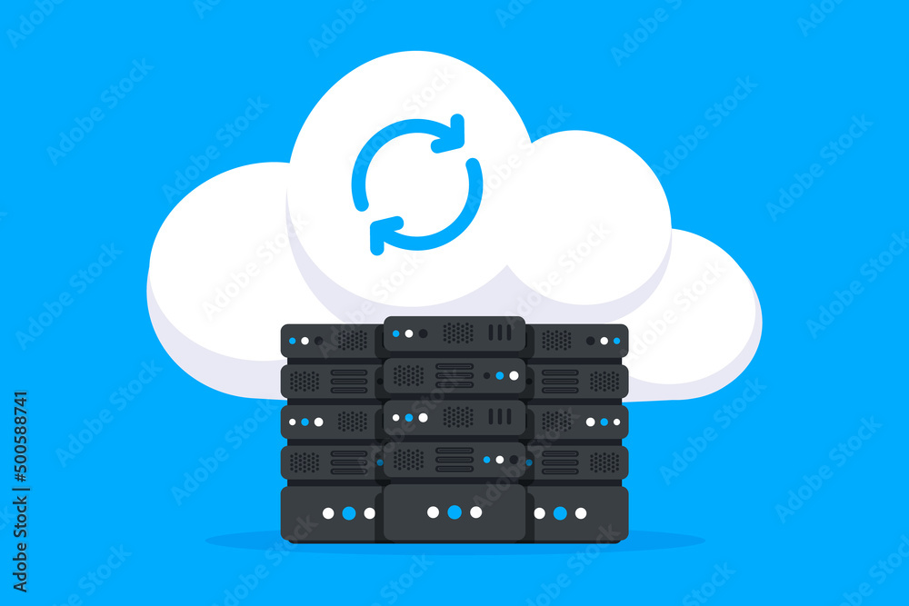 Poster Data Hosting Servers connected to Cloud. Cloud Data storage. Data storage network technology. Online cloud computing. Server cabinets. Memory and information transfer. Security and protection