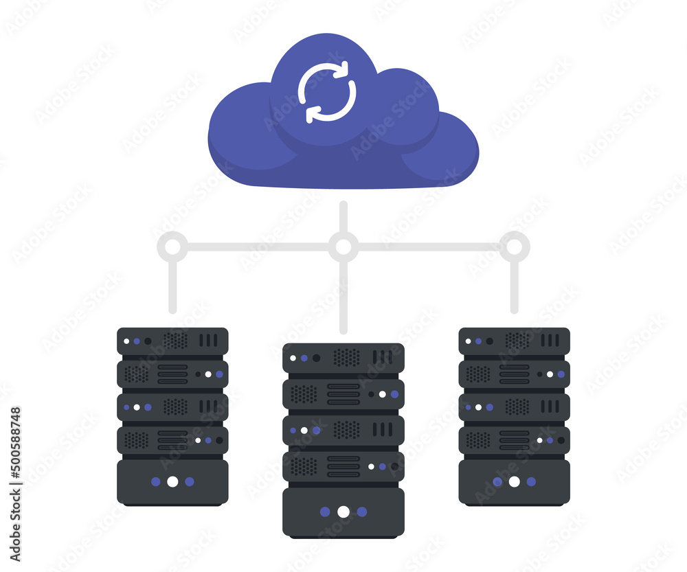 Aufkleber Data Hosting Servers connected to Cloud. Cloud Data storage. Data storage network technology. Online cloud computing. Server cabinets. Memory and information transfer. Security and protection