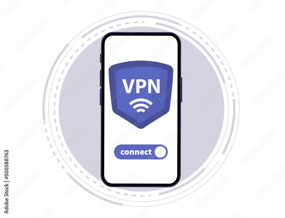 Poster Mobile VPN service concept. Phone with secure VPN connection concept. Virtual private network. Cyber security, secure web traffic. Internet security software. Protect personal data in smartphone