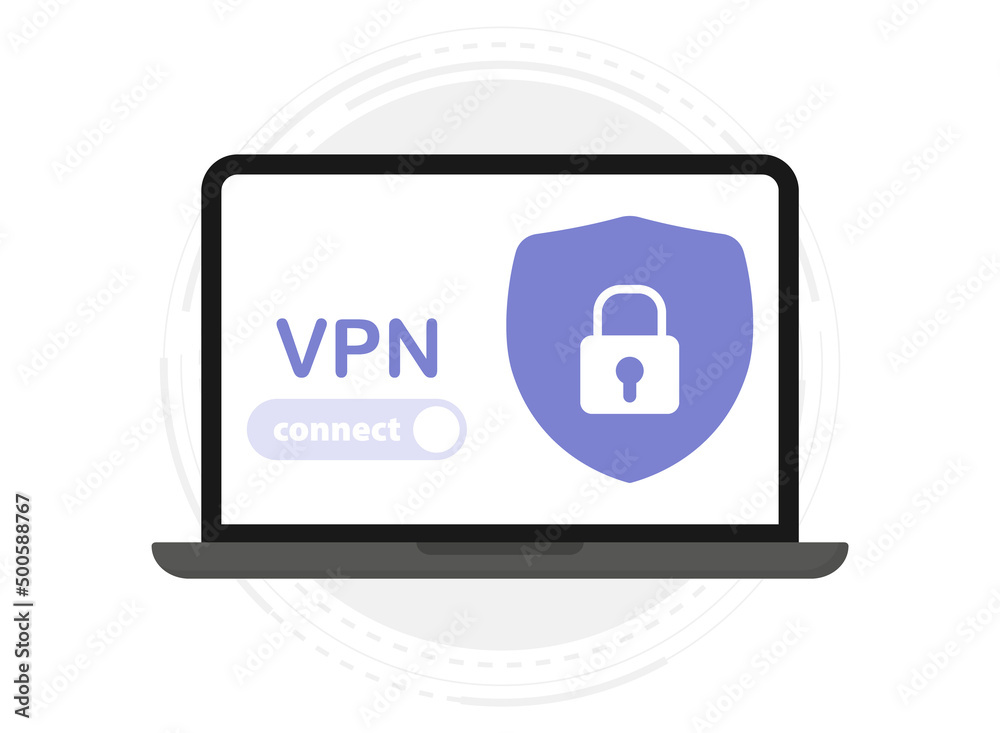 Poster VPN service. Laptop with secure VPN connection concept. Virtual private network. Cyber security, secure web traffic, data protection. Internet security software for computers