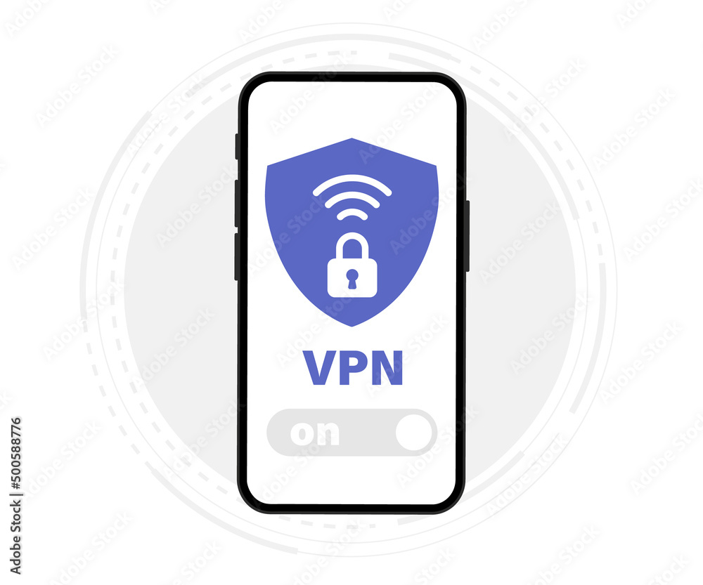 Fototapete Mobile VPN service concept. Phone with secure VPN connection concept. Virtual private network. Cyber security, secure web traffic. Internet security software. Protect personal data in smartphone