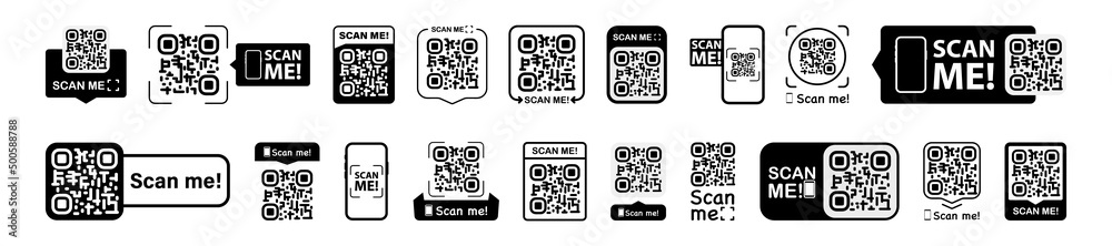 Leinwandbilder set of qr codes with scan me inscription with phone. qr code for payment, e-wallet, web, mobile app.