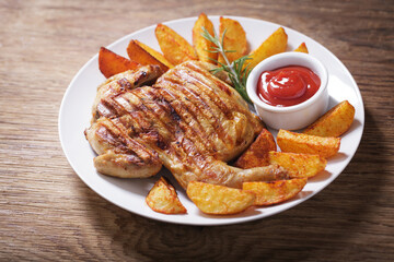 plate of grilled chicken with potatoes