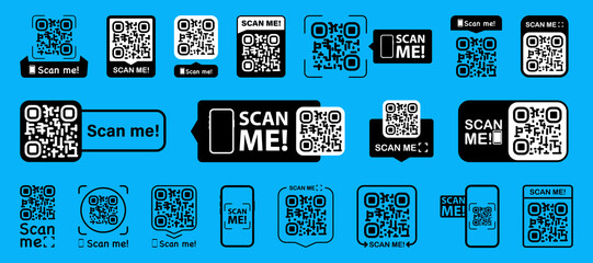 Set of QR codes with scan me inscription with phone. Qr code for payment, e-wallet, web, mobile app. UI UX design element. Inscription scan me. Barcode scan for smartphone. Mobile payment and identity - obrazy, fototapety, plakaty