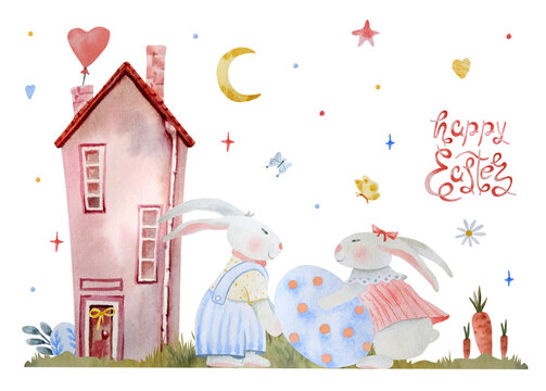 Watercolor illustration of "Happy Easter". Cute hand-drawn spring picture with Easter bunnies, eggs, fairy-tale house, butterfly, carrot and hearts. Clipart for the design of postcards, packaging