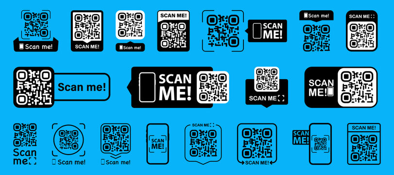 Set of QR codes with scan me inscription with phone. Qr code for payment, e-wallet, web, mobile app. UI UX design element. Inscription scan me. Barcode scan for smartphone. Mobile payment and identity