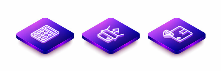 Set Isometric line Calculator, Unboxing and Delivery security with shield icon. Vector
