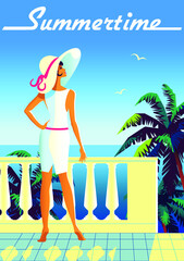 Woman on vacation on tropical resort. Vintage poster. Handmade drawing vector illustration. Art Deco style.